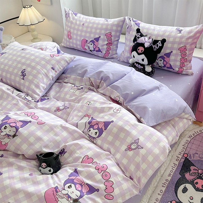 玉元坊 2025新款三丽鸥全棉凯蒂猫纯棉库洛米床裙四件套三件套（第三批）-简约款 简约基础款-紫格库洛米