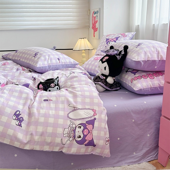 91家纺网 家纺一手货源 找家纺 玉元坊 2025新款三丽鸥全棉凯蒂猫纯棉库洛米床裙四件套三件套（第三批）-简约款 简约基础款-紫格库洛米