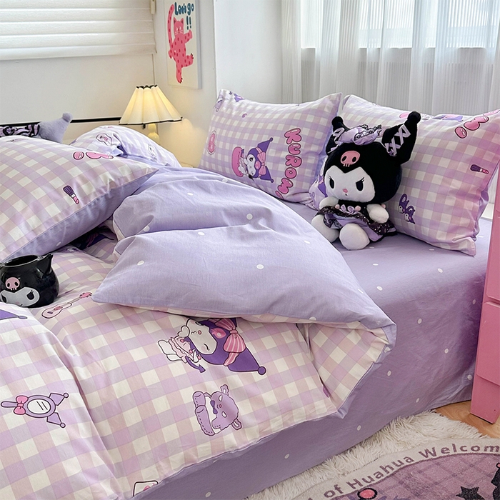 91家纺网 家纺一手货源 找家纺 玉元坊 2025新款三丽鸥全棉凯蒂猫纯棉库洛米床裙四件套三件套（第三批）-简约款 简约基础款-紫格库洛米