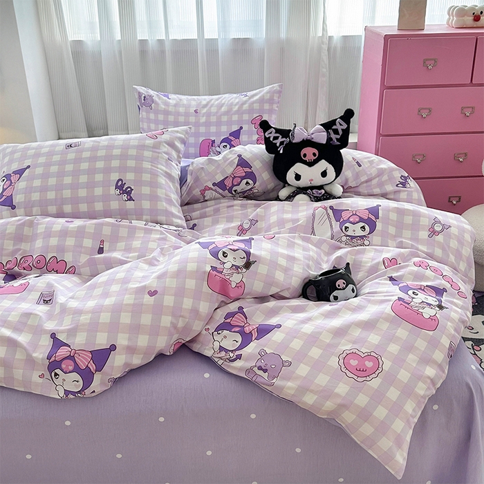 91家纺网 家纺一手货源 找家纺 玉元坊 2025新款三丽鸥全棉凯蒂猫纯棉库洛米床裙四件套三件套（第三批）-简约款 简约基础款-紫格库洛米
