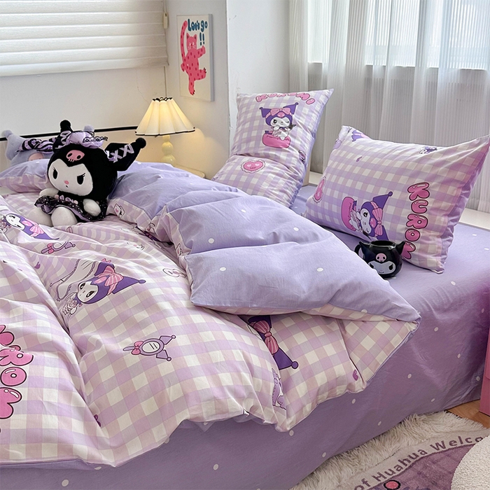 91家纺网 家纺一手货源 找家纺 玉元坊 2025新款三丽鸥全棉凯蒂猫纯棉库洛米床裙四件套三件套（第三批）-简约款 简约基础款-紫格库洛米