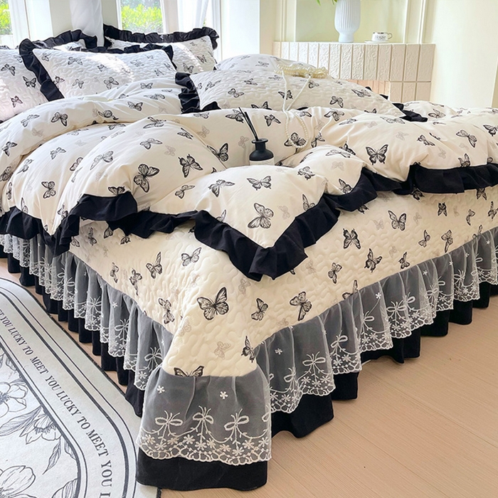 91家纺网 家纺一手货源 找家纺 雨彤家纺 2025年新款赫本风云朵水洗棉夹棉双层花边床盖四件套 蝴蝶-赫本风