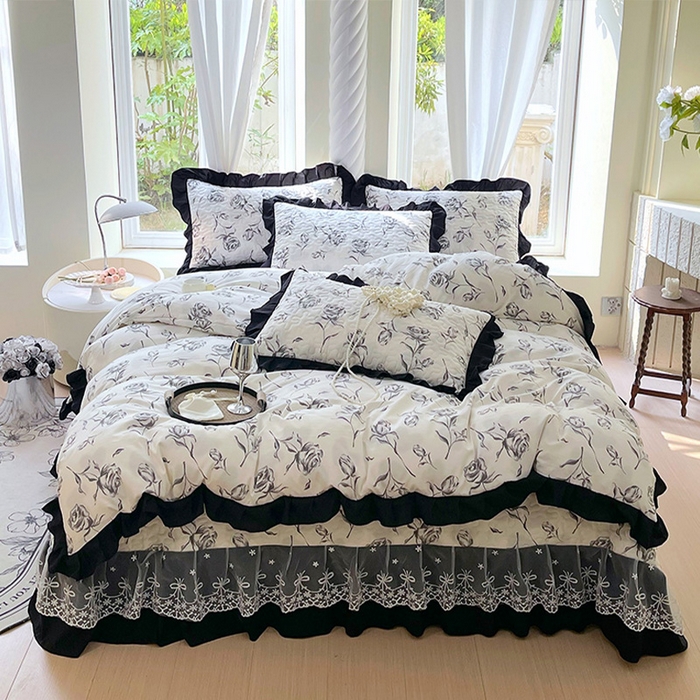 雨彤家纺 2025年新款赫本风云朵水洗棉夹棉双层花边床盖四件套 水墨玫瑰-赫本风