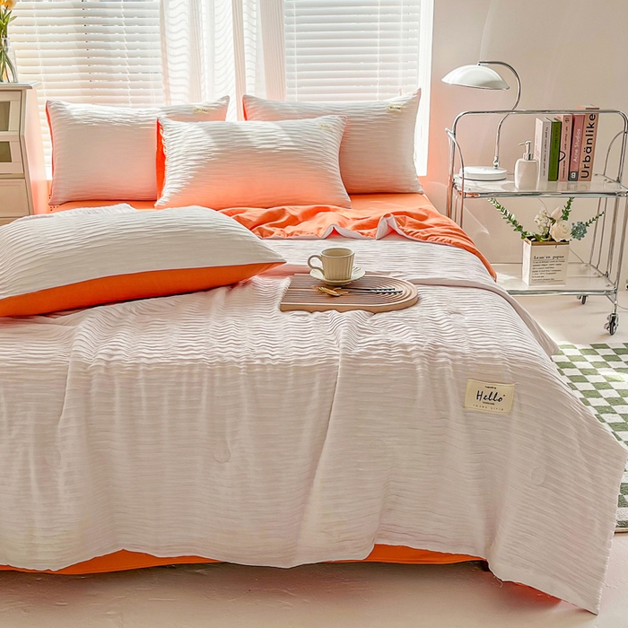 91家纺网 家纺一手货源 找家纺 斯卡诺家纺 2025新款直播爆款提花针织泡泡纱夏被四件套夏凉被空调被四件套 白桔色