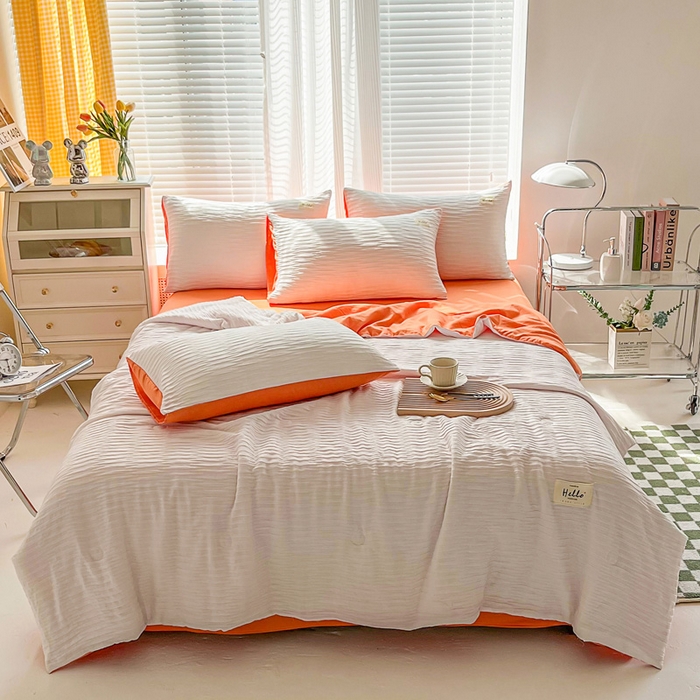 91家纺网 家纺一手货源 找家纺 斯卡诺家纺 2025新款直播爆款提花针织泡泡纱夏被四件套夏凉被空调被四件套 白桔色