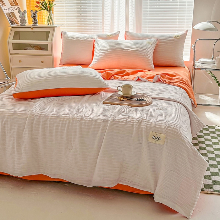 91家纺网 家纺一手货源 找家纺 斯卡诺家纺 2025新款直播爆款提花针织泡泡纱夏被四件套夏凉被空调被四件套 白桔色