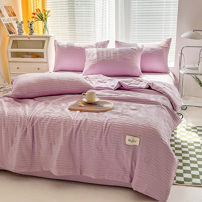 91家纺网 家纺一手货源 找家纺 斯卡诺家纺 2025新款直播爆款提花针织泡泡纱夏被四件套夏凉被空调被四件套 紫色