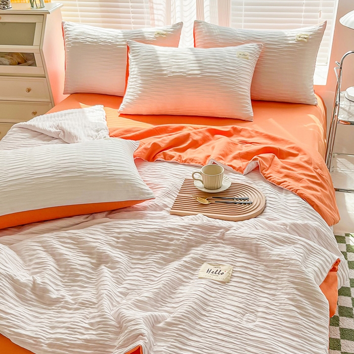 91家纺网 家纺一手货源 找家纺 斯卡诺家纺 2025新款直播爆款提花针织泡泡纱夏被四件套夏凉被空调被四件套 白桔色