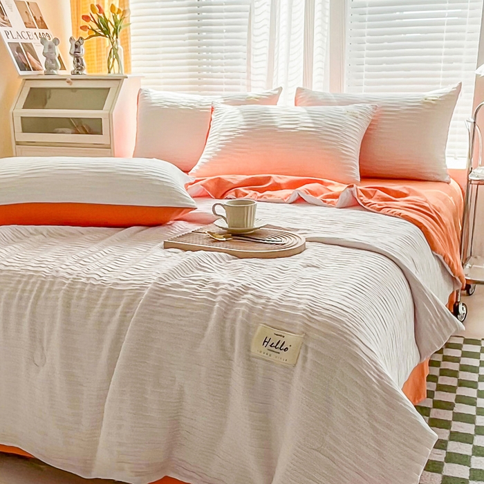 91家纺网 家纺一手货源 找家纺 斯卡诺家纺 2025新款直播爆款提花针织泡泡纱夏被四件套夏凉被空调被四件套 白桔色