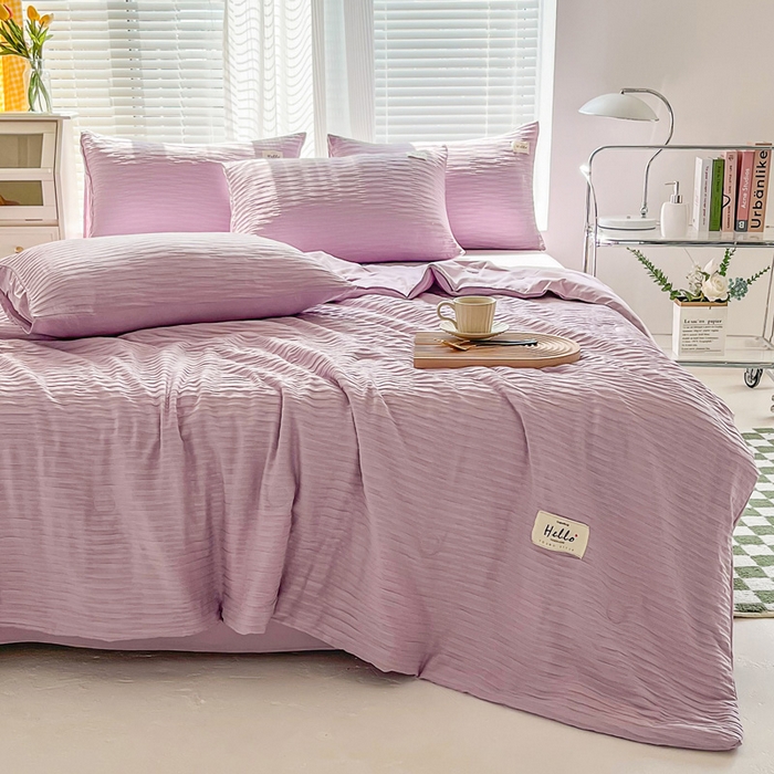 91家纺网 家纺一手货源 找家纺 斯卡诺家纺 2025新款直播爆款提花针织泡泡纱夏被四件套夏凉被空调被四件套 紫色