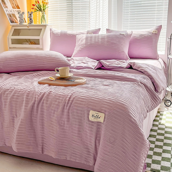 91家纺网 家纺一手货源 找家纺 斯卡诺家纺 2025新款直播爆款提花针织泡泡纱夏被四件套夏凉被空调被四件套 紫色