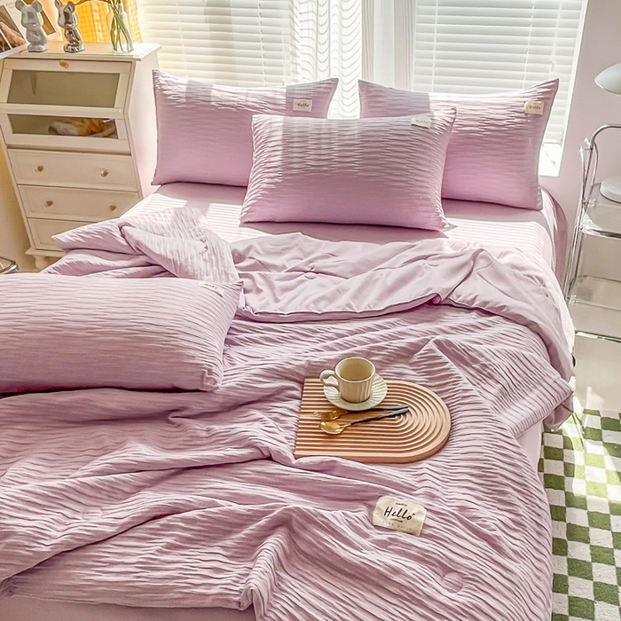 91家纺网 家纺一手货源 找家纺 斯卡诺家纺 2025新款直播爆款提花针织泡泡纱夏被四件套夏凉被空调被四件套 紫色