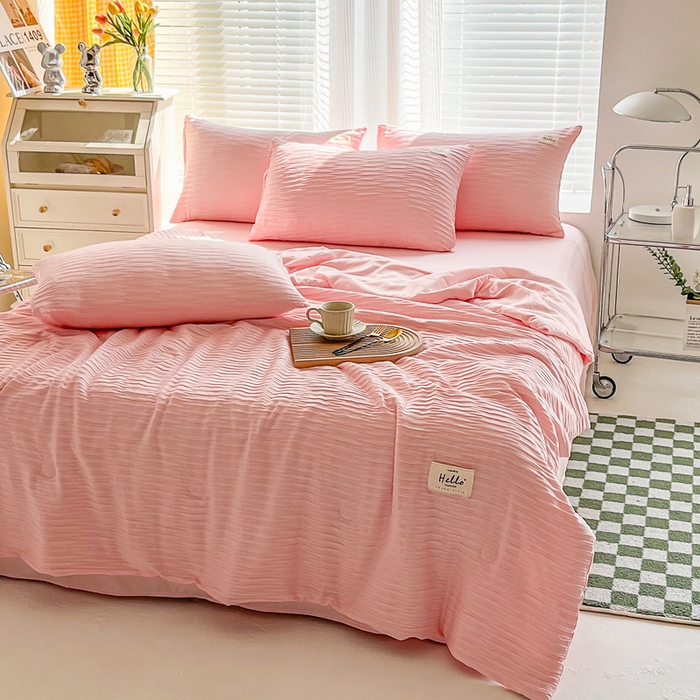 91家纺网 家纺一手货源 找家纺 斯卡诺家纺 2025新款直播爆款提花针织泡泡纱夏被四件套夏凉被空调被四件套 粉色