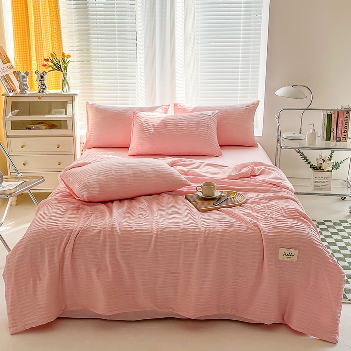 91家纺网 家纺一手货源 找家纺 斯卡诺家纺 2025新款直播爆款提花针织泡泡纱夏被四件套夏凉被空调被四件套 粉色