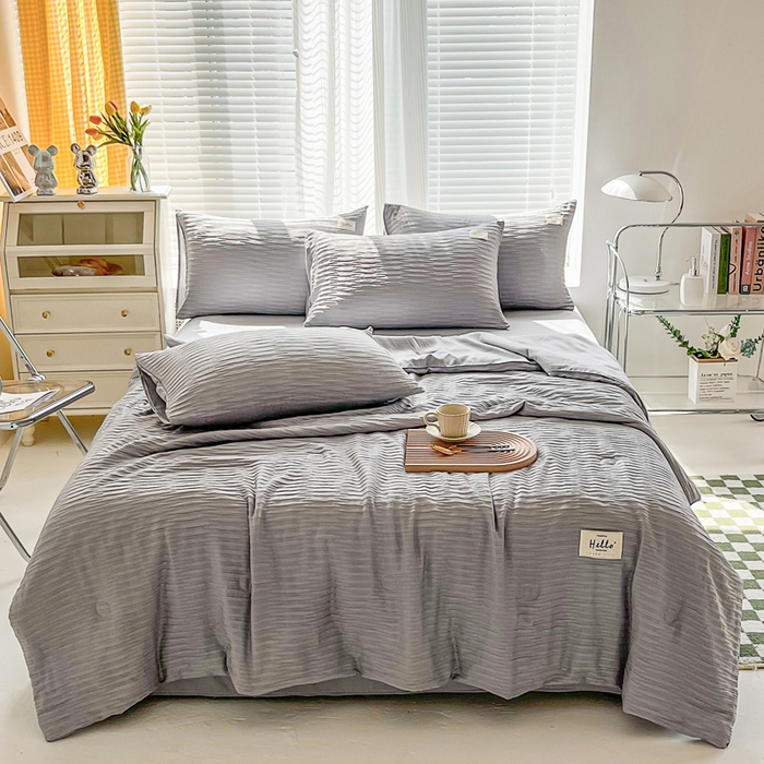 91家纺网 家纺一手货源 找家纺 斯卡诺家纺 2025新款直播爆款提花针织泡泡纱夏被四件套夏凉被空调被四件套 灰色