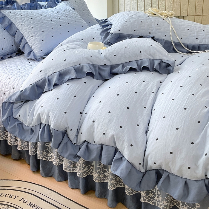 91家纺网 家纺一手货源 找家纺 雨彤家纺 2025年新款赫本风云朵水洗棉夹棉双层花边床盖四件套 芋艿波波-兰-赫本风