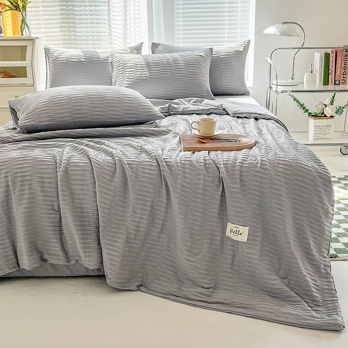 91家纺网 家纺一手货源 找家纺 斯卡诺家纺 2025新款直播爆款提花针织泡泡纱夏被四件套夏凉被空调被四件套 灰色