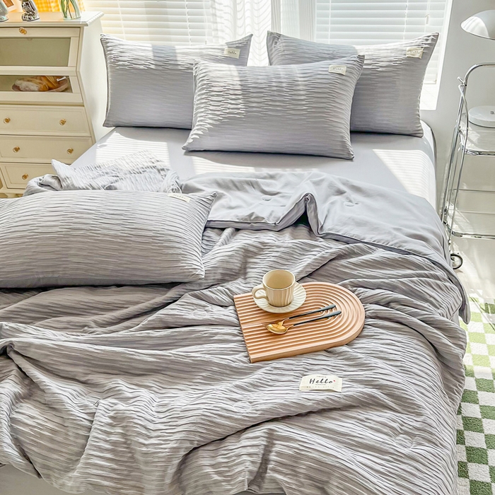 91家纺网 家纺一手货源 找家纺 斯卡诺家纺 2025新款直播爆款提花针织泡泡纱夏被四件套夏凉被空调被四件套 灰色