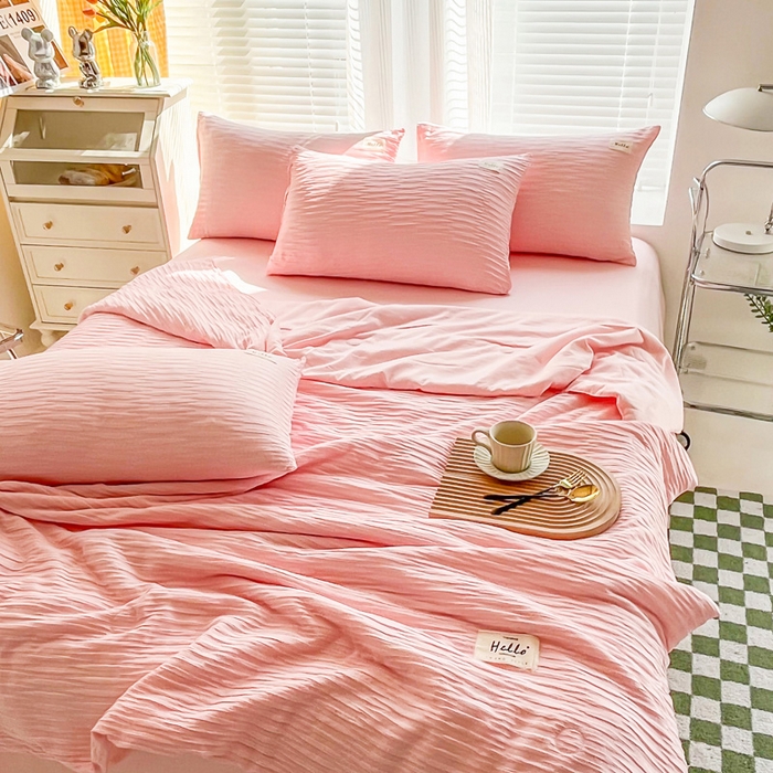 91家纺网 家纺一手货源 找家纺 斯卡诺家纺 2025新款直播爆款提花针织泡泡纱夏被四件套夏凉被空调被四件套 粉色