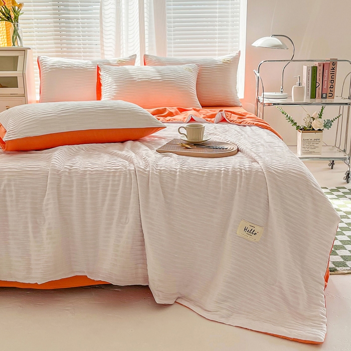 91家纺网 家纺一手货源 找家纺 斯卡诺家纺 2025新款直播爆款提花针织泡泡纱夏被四件套夏凉被空调被四件套 白桔色