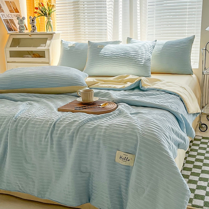 91家纺网 家纺一手货源 找家纺 斯卡诺家纺 2025新款直播爆款提花针织泡泡纱夏被四件套夏凉被空调被四件套 兰黄色