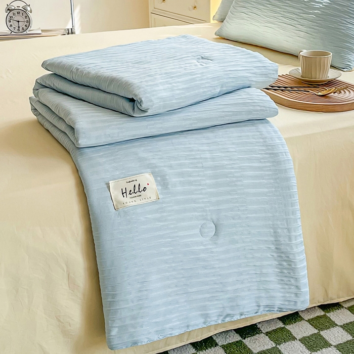 91家纺网 家纺一手货源 找家纺 斯卡诺家纺 2025新款直播爆款提花针织泡泡纱夏被四件套夏凉被空调被四件套 兰黄色