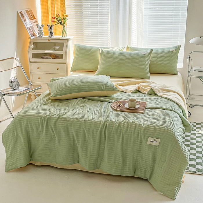 91家纺网 家纺一手货源 找家纺 斯卡诺家纺 2025新款直播爆款提花针织泡泡纱夏被四件套夏凉被空调被四件套 绿加黄