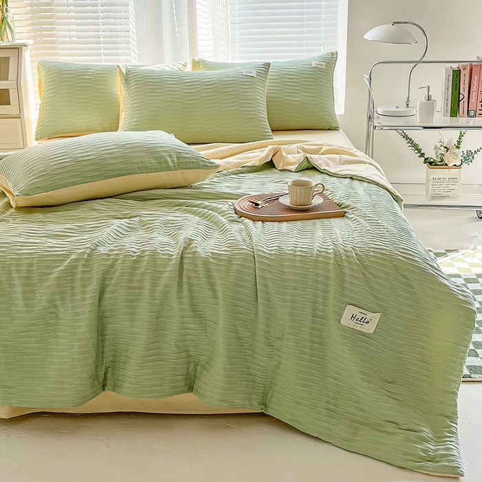 91家纺网 家纺一手货源 找家纺 斯卡诺家纺 2025新款直播爆款提花针织泡泡纱夏被四件套夏凉被空调被四件套 绿加黄