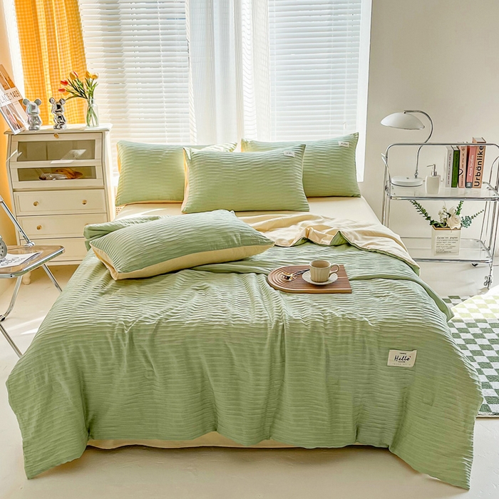 91家纺网 家纺一手货源 找家纺 斯卡诺家纺 2025新款直播爆款提花针织泡泡纱夏被四件套夏凉被空调被四件套 绿加黄