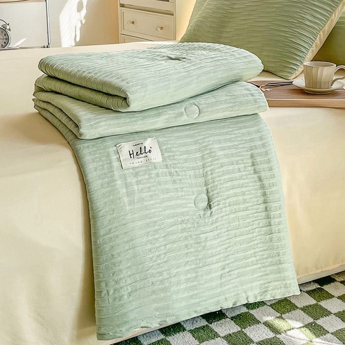 91家纺网 家纺一手货源 找家纺 斯卡诺家纺 2025新款直播爆款提花针织泡泡纱夏被四件套夏凉被空调被四件套 绿加黄