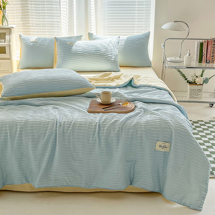 91家纺网 家纺一手货源 找家纺 斯卡诺家纺 2025新款直播爆款提花针织泡泡纱夏被四件套夏凉被空调被四件套 兰黄色