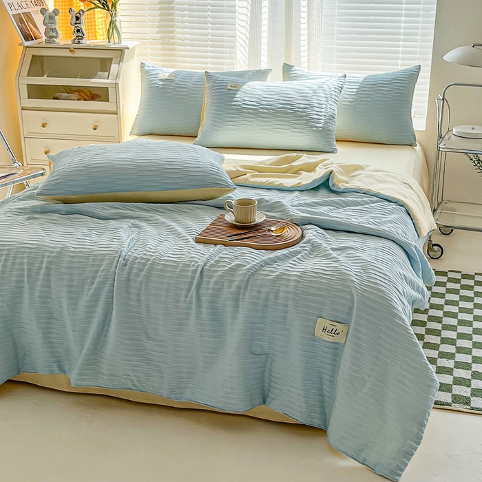 91家纺网 家纺一手货源 找家纺 斯卡诺家纺 2025新款直播爆款提花针织泡泡纱夏被四件套夏凉被空调被四件套 兰黄色