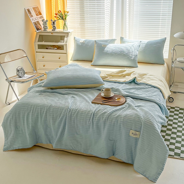 91家纺网 家纺一手货源 找家纺 斯卡诺家纺 2025新款直播爆款提花针织泡泡纱夏被四件套夏凉被空调被四件套 兰黄色