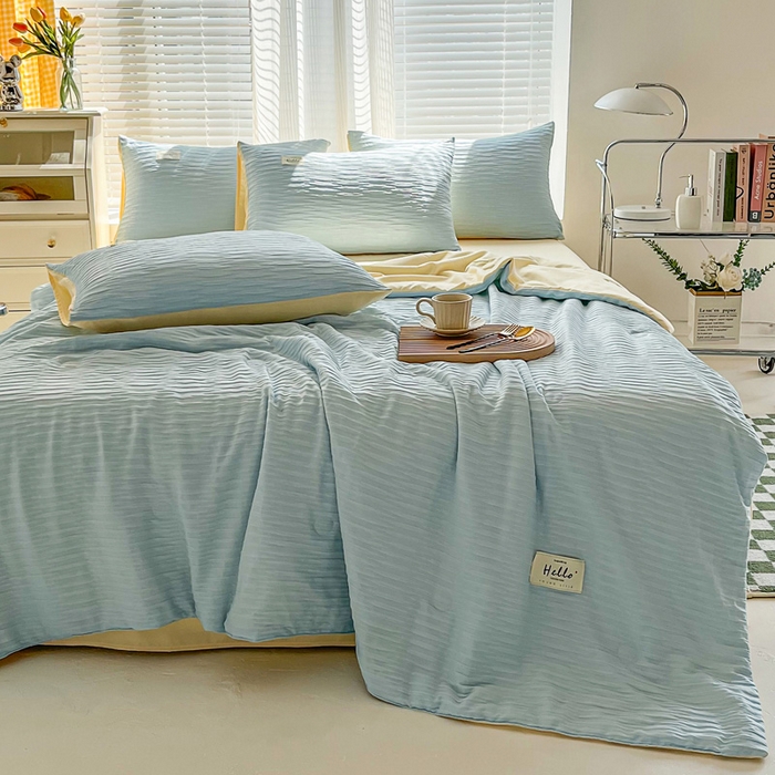 91家纺网 家纺一手货源 找家纺 斯卡诺家纺 2025新款直播爆款提花针织泡泡纱夏被四件套夏凉被空调被四件套 兰黄色