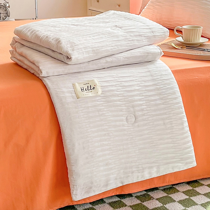 91家纺网 家纺一手货源 找家纺 斯卡诺家纺 2025新款直播爆款提花针织泡泡纱夏被四件套夏凉被空调被四件套 白桔色