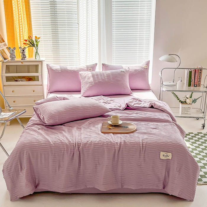 91家纺网 家纺一手货源 找家纺 斯卡诺家纺 2025新款直播爆款提花针织泡泡纱夏被四件套夏凉被空调被四件套 紫色