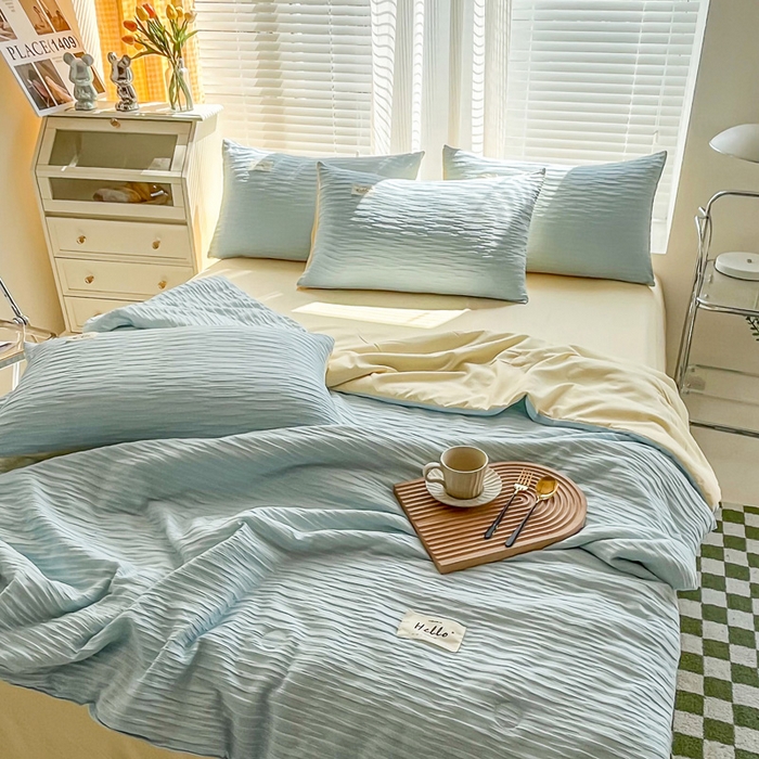 91家纺网 家纺一手货源 找家纺 斯卡诺家纺 2025新款直播爆款提花针织泡泡纱夏被四件套夏凉被空调被四件套 兰黄色