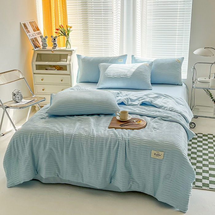 91家纺网 家纺一手货源 找家纺 斯卡诺家纺 2025新款直播爆款提花针织泡泡纱夏被四件套夏凉被空调被四件套 蓝色