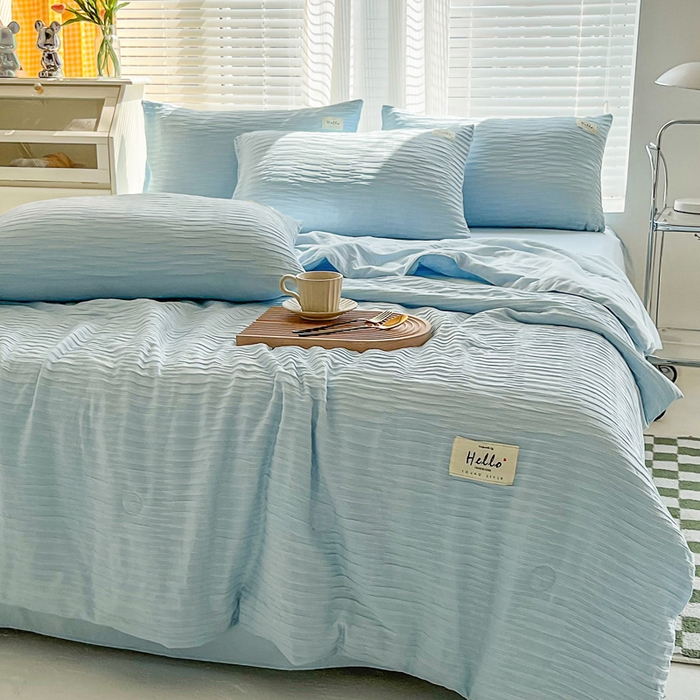 91家纺网 家纺一手货源 找家纺 斯卡诺家纺 2025新款直播爆款提花针织泡泡纱夏被四件套夏凉被空调被四件套 蓝色