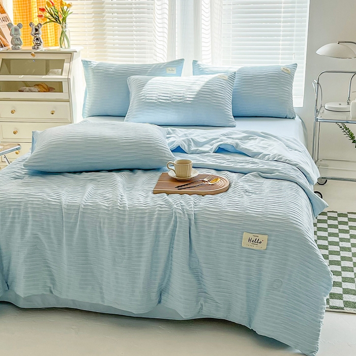 91家纺网 家纺一手货源 找家纺 斯卡诺家纺 2025新款直播爆款提花针织泡泡纱夏被四件套夏凉被空调被四件套 蓝色