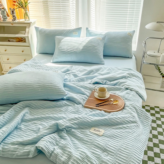 91家纺网 家纺一手货源 找家纺 斯卡诺家纺 2025新款直播爆款提花针织泡泡纱夏被四件套夏凉被空调被四件套 蓝色