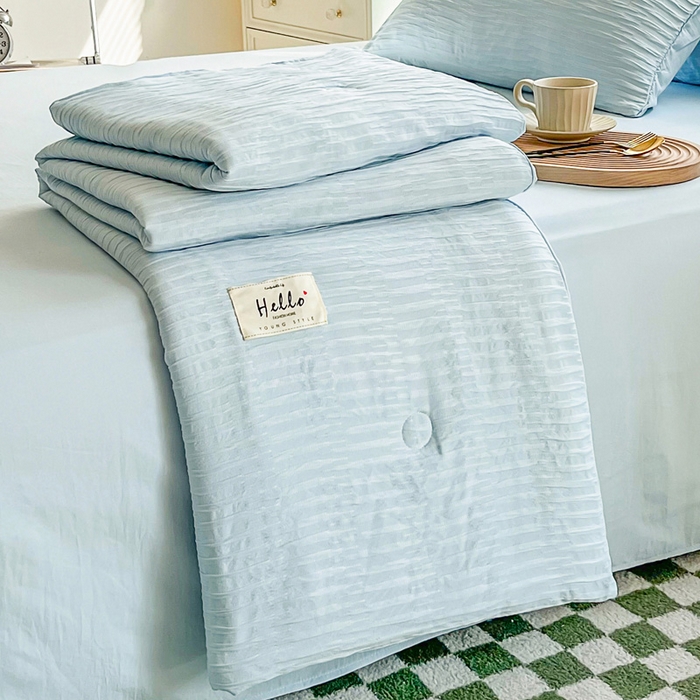 91家纺网 家纺一手货源 找家纺 斯卡诺家纺 2025新款直播爆款提花针织泡泡纱夏被四件套夏凉被空调被四件套 蓝色