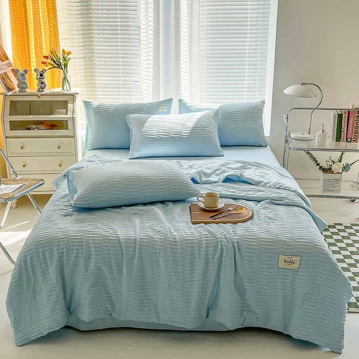 91家纺网 家纺一手货源 找家纺 斯卡诺家纺 2025新款直播爆款提花针织泡泡纱夏被四件套夏凉被空调被四件套 蓝色