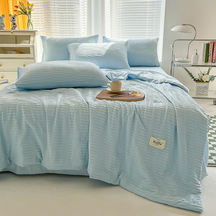 91家纺网 家纺一手货源 找家纺 斯卡诺家纺 2025新款直播爆款提花针织泡泡纱夏被四件套夏凉被空调被四件套 蓝色