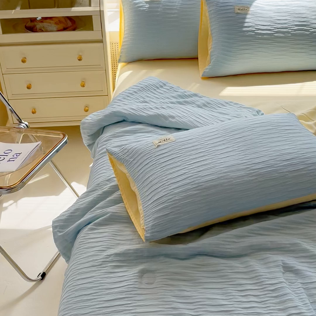 91家纺网 家纺一手货源 找家纺 斯卡诺家纺 2025新款直播爆款提花针织泡泡纱夏被四件套夏凉被空调被四件套 兰黄色