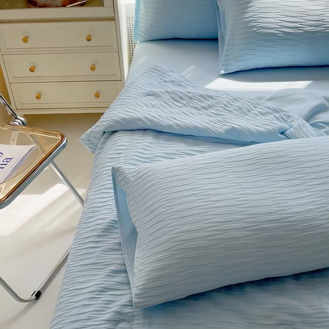 91家纺网 家纺一手货源 找家纺 斯卡诺家纺 2025新款直播爆款提花针织泡泡纱夏被四件套夏凉被空调被四件套 蓝色