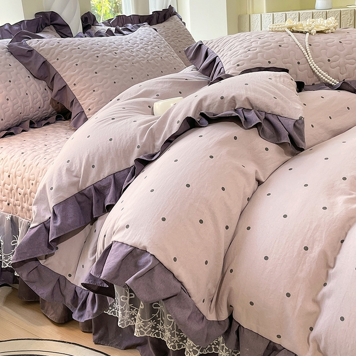 91家纺网 家纺一手货源 找家纺 雨彤家纺 2025年新款赫本风云朵水洗棉夹棉双层花边床盖四件套 芋艿波波-紫-赫本风