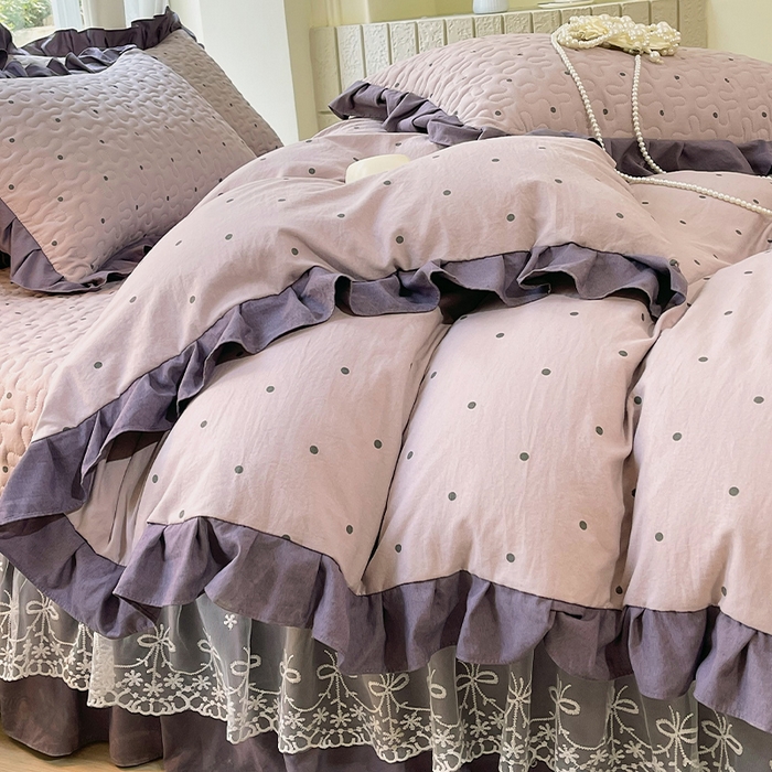 91家纺网 家纺一手货源 找家纺 雨彤家纺 2025年新款赫本风云朵水洗棉夹棉双层花边床盖四件套 芋艿波波-紫-赫本风