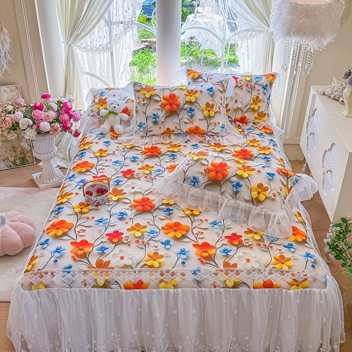 91家纺网 家纺一手货源 找家纺 罗艺轩 2025新款冰丝5D印花床裙凉席席子 春来时