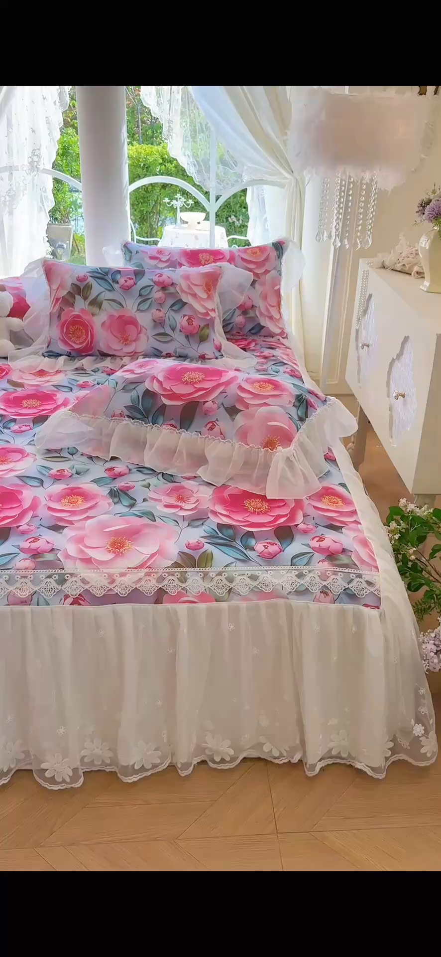 91家纺网 家纺一手货源 找家纺 罗艺轩 2025新款冰丝5D印花床裙凉席席子 爱心物语